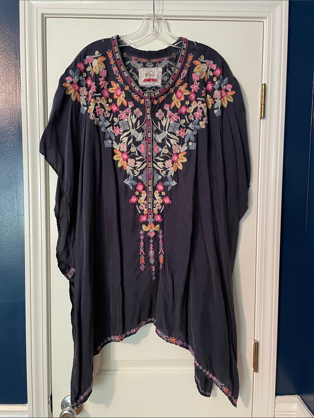 Johnny Was Navy Floral Embroidered Caftan Tunic